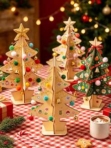 1pc DIY Wooden Mini Christmas Tree, 3D Assembled Blank Wooden Christmas Tree Model, Baby Painting Craft Decoration, Suitable For Christmas Party Tabletop Decoration, Christmas Baby Party Decoration, Desktop Decoration - Multicolor - View 3