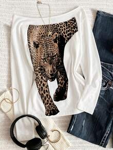 Women's Loose Slouchy Leopard Print Tee, Convertible Off‑Shoulder Crew Neck, Hot‑Girl American Style, Fall Daily Back‑To‑School Commuter Top - White - View 2