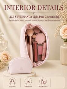 3CE Sanxi Jade Light Pink Makeup Bag, Soft Light Pink Fabric, Zipper Closure, Large Capacity, Lightweight And Soft, Multi-Functional Storage, Portable For Commuting, Travel, And Home Use - Pink - View 8