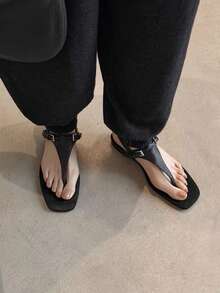 法式復古女款半包頭涼鞋，夏季露趾一字帶粗跟高跟拖鞋 - 黑色 - 查看 9