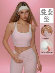 FWH Full Cup Sports Bra; Criss-Cross Back / Criss-Cross Straps / Criss-Cross Back Design; Removable Padding To Enhance Curves / Removable Padding For Bust Effect / Removable Cups; Spring/Summer Sexy / Full Cup Sports / Sexy Fashion; Sports Bra / Performance Bra; Women's Sexy Criss-Cross Back Sports Bra - Pink - View 2