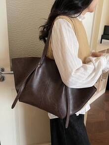 Solid Color Pleated Large Capacity Women's Shoulder Tote Bag, Vintage Fashion Versatile, Suitable For Women's Daily Use And Commuting - Coffee - View 8