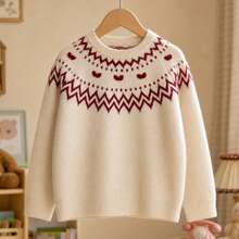 Tween Girls Fair Isle Sweater, Nordic Knit Pullover With Heart Pattern, Crew Neck Long Sleeve Preppy Top, Cozy Casual Fall Winter - Multicolor - View 3