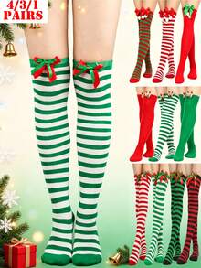 4/3/1 Pairs Christmas Striped Solid Color Bow Pom Pom Deer Head Green Red Cute Holiday Over Knee Thigh High Socks - Multicolor - View 2