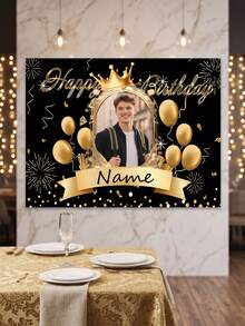 1pc - Customized Happy Birthday Backdrop, Large Size Personalized Birthday Banner Background, Can Print Name And Photo, Customized Black And Gold Theme Printed Poster, Shiny Black Background With Gold Glitter Elements, Celebrate 50th Birthday, Multi-Functional Party Tapestry Home Decor Personalized Birthday Party Customized Photo And Name Poster - Suitable For Party Decoration - Multicolor - View 5