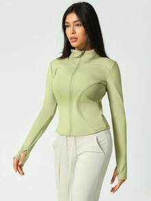 Solid Fleece Zip Up Jacket Women's Mandarin Collar Thumbhole Double Line Design Concert Birthday Gym Wear - Green - View 7