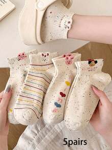5 Pairs Women's Polka Dot Yarn Short Socks, Fashionable Cute Cartoon Pattern, Spring/Summer Sweat-Absorbent Breathable Casual Sports Socks - Multicolor - View 14