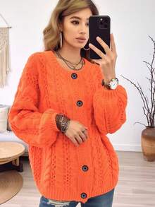 Plus Size Women Retro Orange Cable Stitch Cardigan Hollow Out Knit Sweater Button Up Warm Coat Fall Winter Vintage Style - Orange Red - View 2