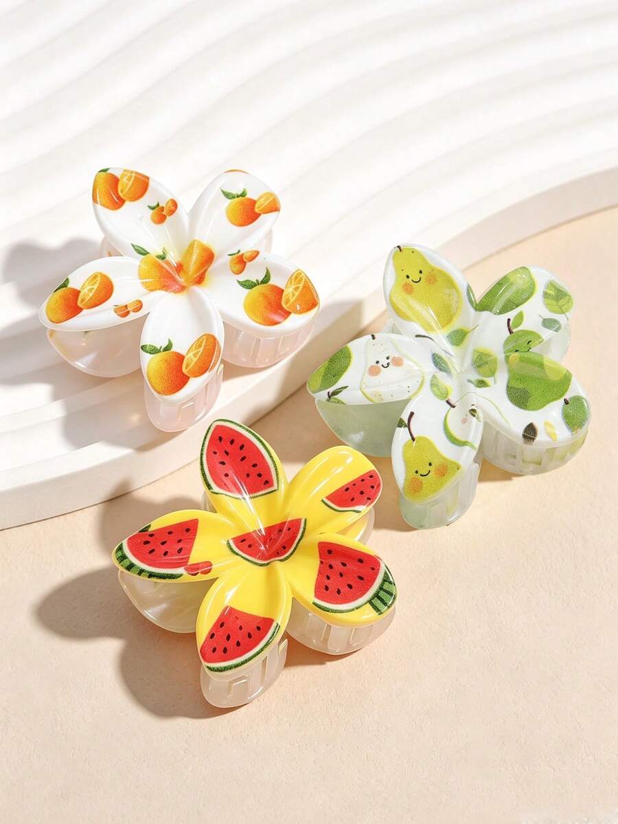 1pc Summer Fruit & Flower Print Hair Claw Clip, Suitable For Summer Travel, Beach Vacation, Daily Wear And Back Hair Styling - Multicolor - View 1