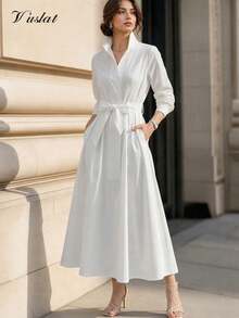 Vuslat Women's Autumn Solid Color Small Stand Collar Long Sleeve Hidden Button Waist Tie Pocket Knee-Length Shirt Dress, Commuter Wear - White - View 1
