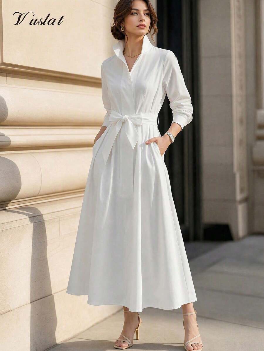 Vuslat Women's Autumn Solid Color Small Stand Collar Long Sleeve Hidden Button Waist Tie Pocket Knee-Length Shirt Dress, Commuter Wear - White - View 1