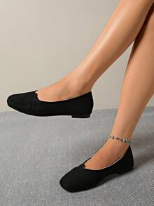 Women Vintage Black Suede Square Toe Flats Simple Splicing Slip‑On Soft Sole Lightweight Comfortable Shoes For Work Daily Walking - Black - View 5