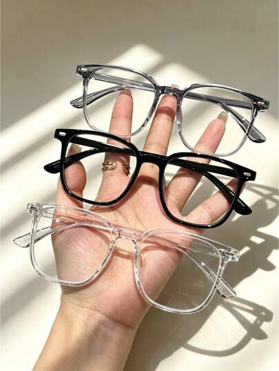 3pcs Women's Pure Black & Transparent Gray Square Frame Rivet Glasses, Decorative Glasses, Face-Flattering Y2K Glasses, Back To School Daily Glasses