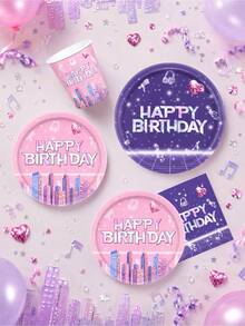 10pcs/20pcs/50pcs/80pcs Birthday Party Supplies, Pink & Purple Music City Theme Tableware Set, 7/9 Inch Paper Plates, 3.5 Inch Cups, 6.5 Inch Napkins, Happy Birthday Party Decorations, Party Tableware - Multicolor a - View 6
