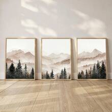 1pc/3pcs Abstract Forest Mountain Wall Art, Modern Minimalist Foggy Landscape Poster Prints, Neutral Nature Wall Art, Pine Forest Prints, Rustic Cabin Decor, Nature Posters, Framed/Frameless - Landscape - View 1