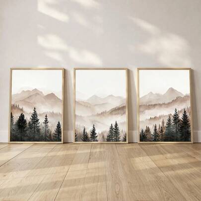 Abstract Forest Mountain Wall Art Set Of 3, Modern Minimalist Foggy Landscape Poster Prints, Neutral Nature Wall Art, Pine Forest Prints, Rustic Cabin Decor, Nature Posters, No Frame