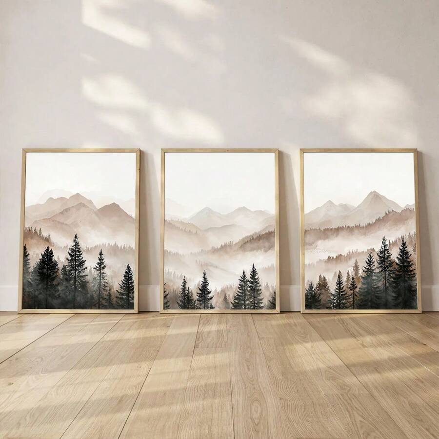 1pc/3pcs Abstract Forest Mountain Wall Art, Modern Minimalist Foggy Landscape Poster Prints, Neutral Nature Wall Art, Pine Forest Prints, Rustic Cabin Decor, Nature Posters, Framed/Frameless - Landscape - View 1