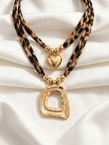 2pcs Double Layer Leopard Print Fabric Rope Choker Necklace, Textured Heart Metal Pendant Women's Accessory, Suitable For Daily Wear - Multicolor - View 5