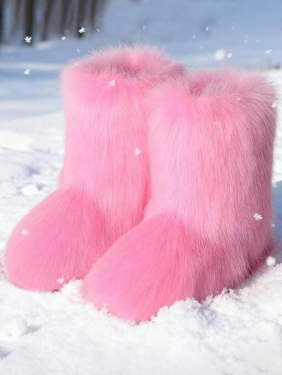 Neutral Solid Color Faux Fur And Ankle Snow Boots, Y2K Warm Party Boots, Suitable For Daily Holiday Wear, Christmas And Halloween Gifts - Pink - View 1