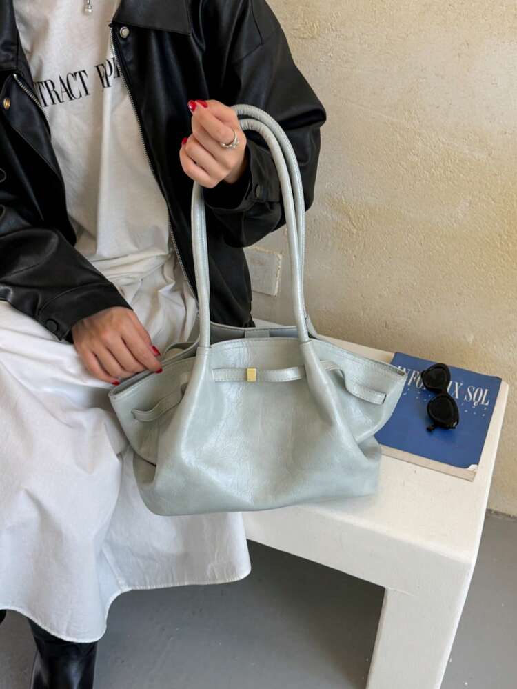 Tote Bag With Metal Buckle Strap Detail, Relaxed Casual Vibe, Loose Large Capacity Style, Suitable For Daily Commute, Shopping, Travel And Outings, Elegant Elegant Fashionable Outfit Tote Bag - Blue - View 6