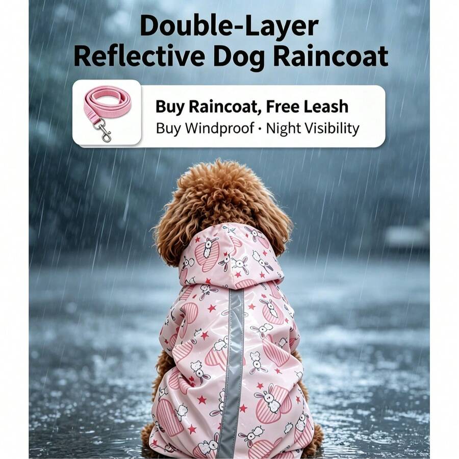 Waterproof Dog Raincoat Set, Including 1 Raincoat And Waterproof Drawstring, Available In Multiple Colors, Windproof And Waterproof, Fully Covered Design, Special Reflective Strip Double-Sided Design, Suitable For Dogs Of All Sizes - Pink - View 1