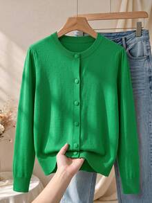 GIGOGOU 大尺碼 1XL-4XL 秋冬基礎款女式針織開襟衫，柔軟舒適休閒長袖毛衣上衣，秋季外套 - 綠色 - 查看 1