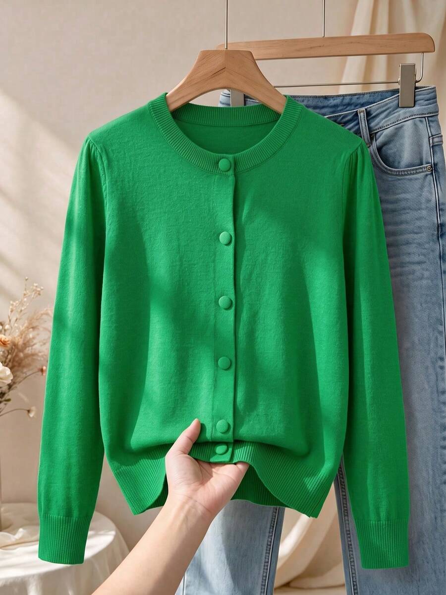 GIGOGOU 大尺碼 1XL-4XL 秋冬基礎款女式針織開襟衫,柔軟舒適休閒長袖毛衣上衣,秋季外套 - 綠色 - 查看 1