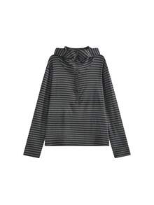 American Design Button-Up Hooded Lazy Vintage Striped Long Sleeve T-Shirt (Random Stripes) - Black - View 5