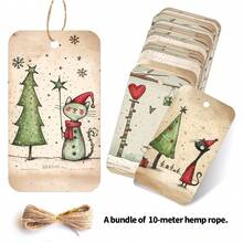 50pcs Festive Christmas Gift Tags With Hemp Rope - Cute Cat, Santa, Snowman, Reindeer & Xmas Tree Designs Holiday Hanging Labels For Presents, Gift Wrapping & Party Favor Decorations - Multicolor - View 5