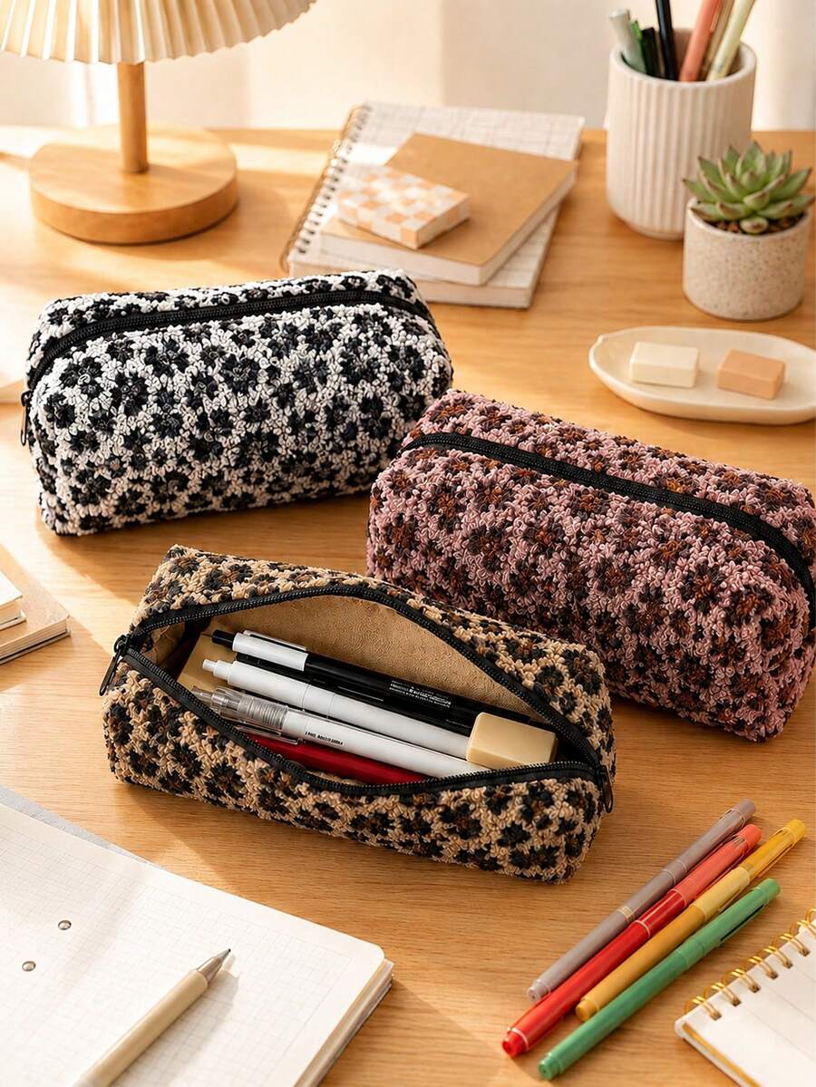 Campus Style Maillard Leopard Print Plush Pencil Case/Stationery Storage Bag - Multi-Functional Large Capacity Design, Suitable For Storing Office Supplies, Creative Multi-Purpose Pen Holder Or Portable Travel Makeup Bag, Ideal For Students And Adults Daily Use. Leopard Print Direction And Density Random - Multicolor - View 1