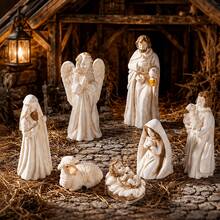 7pcs Classic Christmas Nativity Scene Art Jewelry Set, Durable Resin Material, Suitable For Nursery Decor, Traditional Christmas Gift, Handmade Warm Tone - Multicolor - View 6