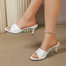 Women's Beach & Home Casual Sandals, Thin Heel Minimalist One-Strap Slide, Open Toe Soft Leather Mid-Heel Round Toe Versatile Slippers, Fashion PU Leather For Wedding & Party - White - View 7