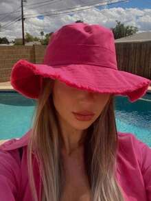 1pc Women's Drawstring Brim Bucket Hat, Adjustable Size Frayed Edge Sun Hat, Soft Fabric, Sun Protection Windproof, Travel Beach Seaside Leisure Vacation Play Daily Use - Multicolor - View 2