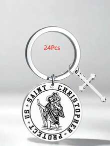 1pc/6pcs/15pcs/24pcs St. Christopher Keychain, Travel Guardian Saint Travel Key Ring, Good Luck Christian Catholic Keychain - Silver - View 10