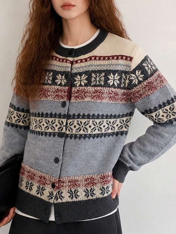 Women's Autumn Casual Elegant Snowflake Pattern Round Neck Knit Cardigan Jacket
