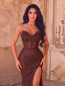 Luxury Sweetheart Neck Beaded Mermaid Long Dress, Wavy Beaded Embroidery, Waist-Cinching Design, Floor-Length Side Slit.. Party - Brown - View 2