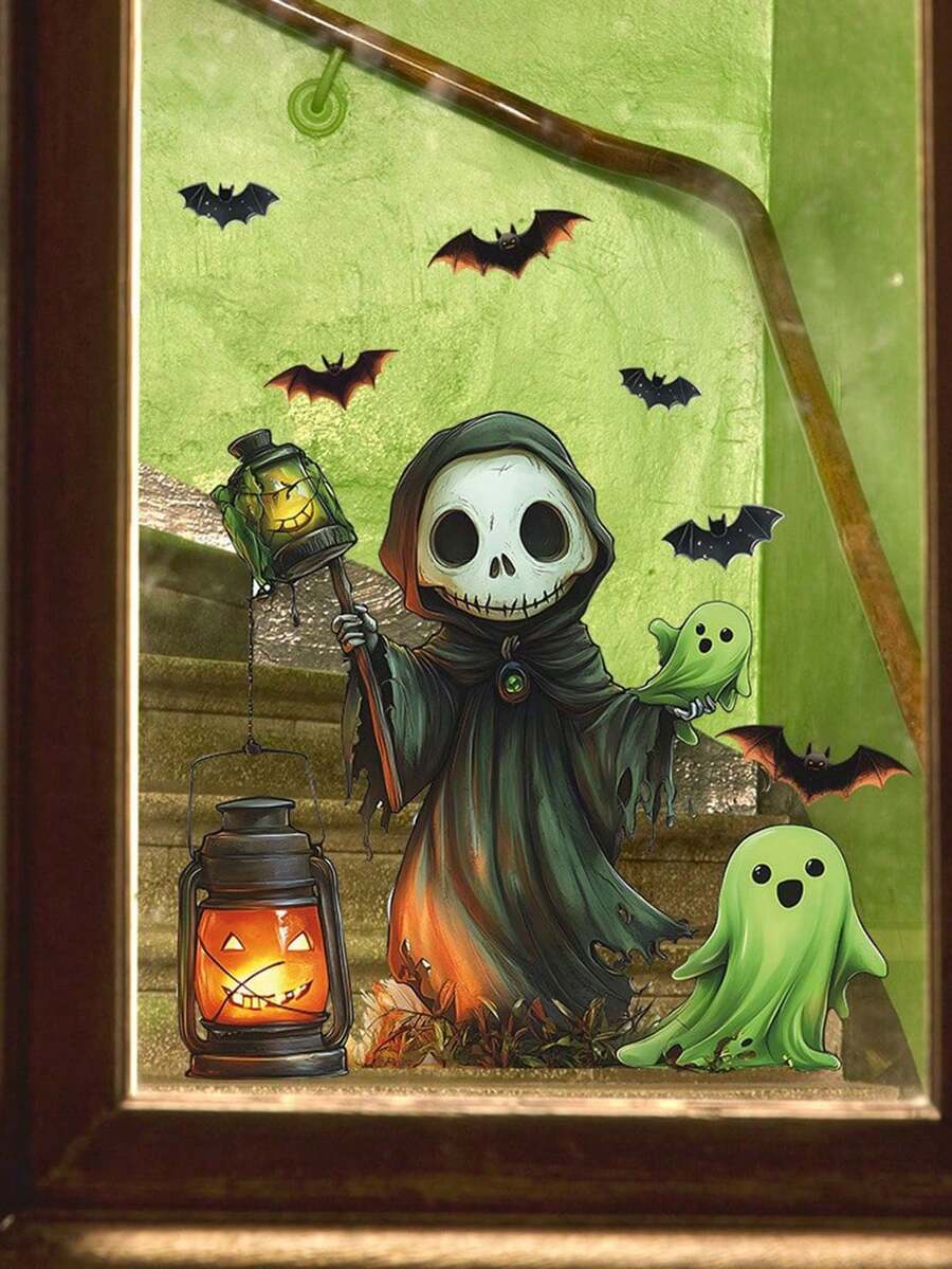 1pc Halloween Ghost Bat Glass Decorative Sticker, Suitable For Balcony Glass Windows And Home Decor, Static Cling Window Sticker - Multicolor - View 1