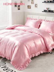 HONEYMOON 2/3pcs Luxury Satin Pink Ruffle Edge Duvet Cover Set, Ruffle Edge Tassel Duvet Cover Set, Solid Color Vintage Luxury Farmhouse Style Bedding Set, 3pcs Bohemian Style Ruffle Edge Tie Duvet Cover Set (Duvet Insert Not Included). Perfect Fit For Twin, Full, Queen, King And Other Bed Sizes. Suitable For Home Bedding, Dorm Supplies And Christmas Decor. Back To School Essential - Pink - View 1