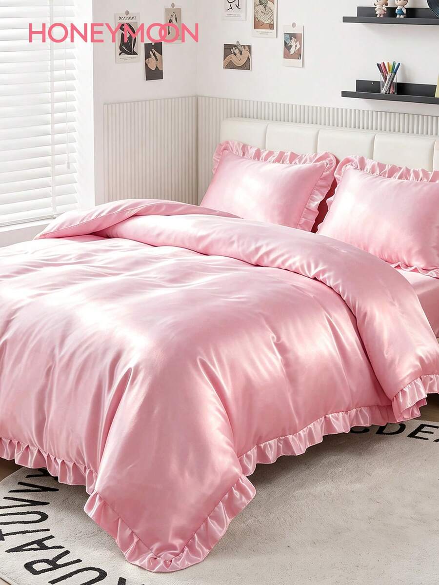 HONEYMOON 2/3pcs Luxury Satin Pink Ruffle Edge Duvet Cover Set, Ruffle Edge Tassel Duvet Cover Set, Solid Color Vintage Luxury Farmhouse Style Bedding Set, 3pcs Bohemian Style Ruffle Edge Tie Duvet Cover Set (Duvet Insert Not Included). Perfect Fit For Twin, Full, Queen, King And Other Bed Sizes. Suitable For Home Bedding, Dorm Supplies And Christmas Decor. Back To School Essential - Pink - View 1