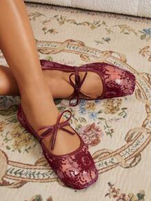 Women's Burgundy Flat Ballet Shoes With Bow Decor, Embroidered Mesh Hollow Out Breathable Square Toe Sequin Comfortable Mary Jane Sandals For Summer - Burgundy - View 4