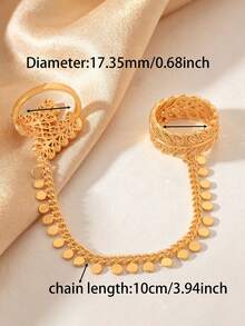 Vintage Hollow Leaf Design Double Finger Ring For Women, Pendant Coin Tassel Chain Ring, Arabic Wedding Ramadan Party Women's Jewelry - Gold - View 5
