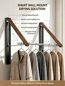 Vintage Foldable Wall-Mounted Clothes Rack, Black Walnut Wood Grain + Space Aluminum Alloy Bracket Design, Foldable Telescopic Drying Rod, Suitable For Wall, Door, Window And Other Multiple Scenes, Space-Saving Clothes Storage Rack For Bedroom, Balcony, Bathroom - Multicolor - View 2