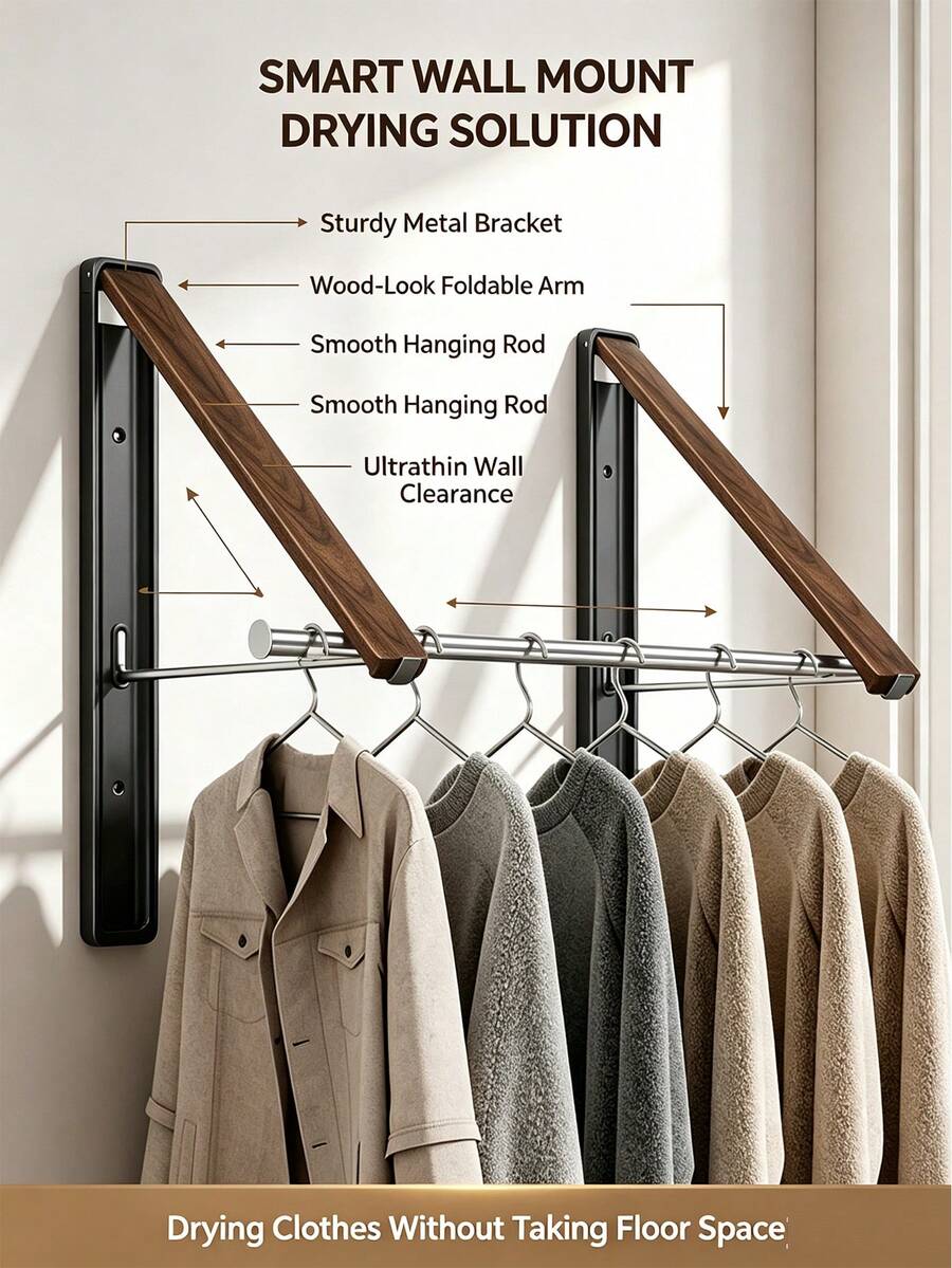 Vintage Foldable Wall-Mounted Clothes Rack, Black Walnut Wood Grain + Space Aluminum Alloy Bracket Design, Foldable Telescopic Drying Rod, Suitable For Wall, Door, Window And Other Multiple Scenes, Space-Saving Clothes Storage Rack For Bedroom, Balcony, Bathroom