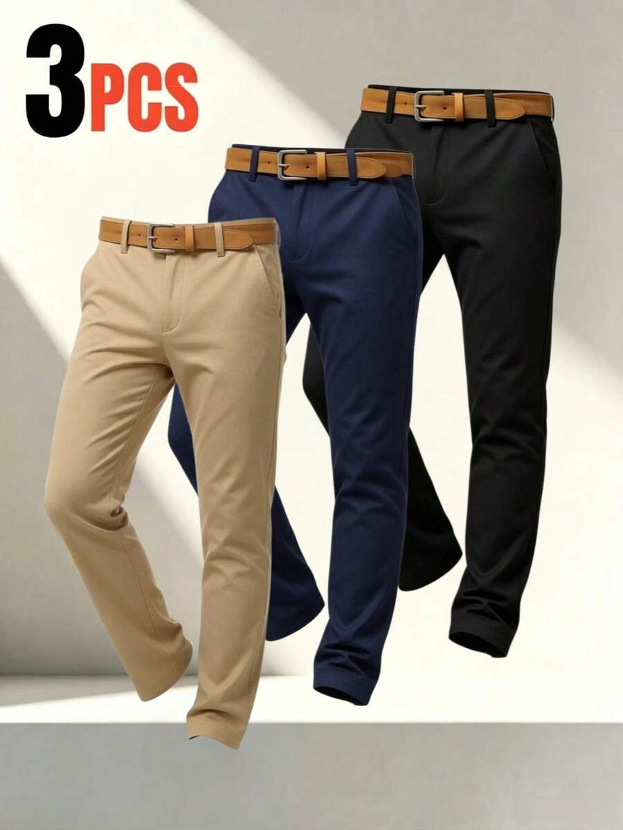 Men's 3-Piece Stretch Slim Fit Business Dress Pants, Straight Leg Casual Trousers, Daily Commute Versatile Wrinkle-Free Suit Pants, Belt Not Included - Multicolor - View 1