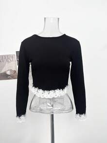 Autumn New Asymmetrical Lace Trim Patchwork Long Sleeve T-Shirt, Slim Fit Flattering Base Layer, Cropped Top - Black - View 6
