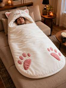 1pc Cute White Cat Adult Sleeping Bag, Hooded Full Body Sleep Sack With Cat Ears And Paw Prints, Soft Portable Bedding, Suitable For Bedroom Napping, Camping, Tent, Car, RV, Travel, Home And Indoor Rest - Multicolor - View 3