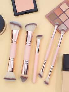 5pcs Dual-Ended Makeup Brush Set, Soft Fluffy Synthetic Bristles, Multi-Function Face & Eye Makeup Brushes For Foundation, Blush, Contour, Concealer, Eyeshadow, Powder Gold Handle Beauty Tools, Beginner Friendly - Pink - View 6