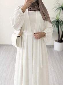 Hafizah Women's Solid Color Kimono Style Arabic Abaya & Long Dress Set, Without Hijab - White - View 2