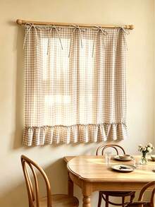 1pc Green & White Plaid Short Curtain, Fresh Vintage Polyester Fiber Rectangular Tie-Up Pleated Lace Edge Dust-Proof Curtain Suitable For Kitchen Window, Oven, Cabinet, Daily Home Use, Spring/Summer, Back To School, School Supplies, Dorm Decor, College Decor - Brown - View 1