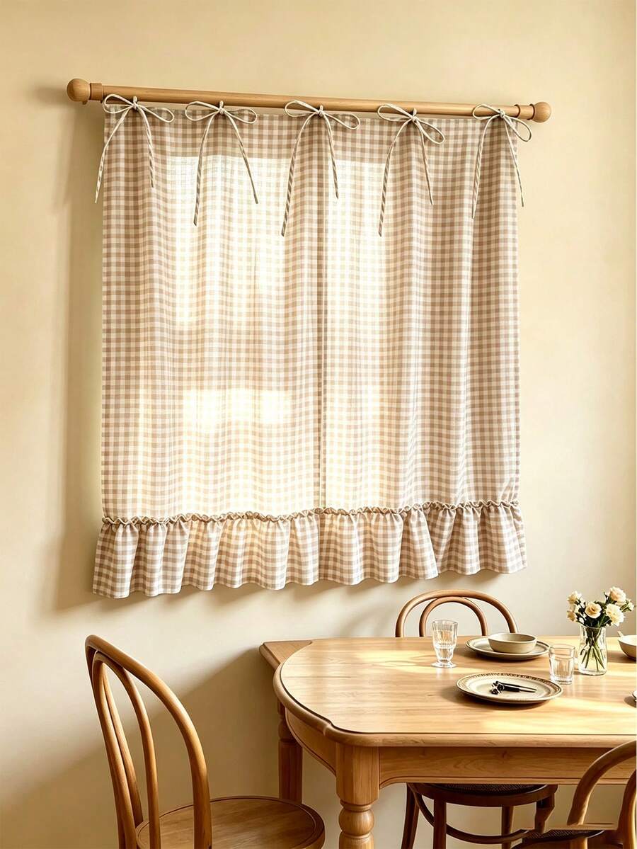 1pc Green & White Plaid Short Curtain, Fresh Vintage Polyester Fiber Rectangular Tie-Up Pleated Lace Edge Dust-Proof Curtain Suitable For Kitchen Window, Oven, Cabinet, Daily Home Use, Spring/Summer, Back To School, School Supplies, Dorm Decor, College Decor - Brown - View 1